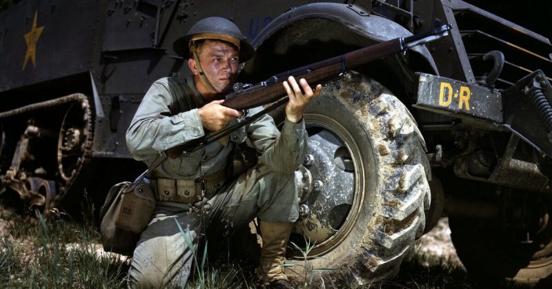 U.S. Army infantryman in 1942 with M1 Garand, Fort Knox, Kentucky. 
