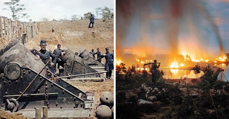 Left: Federal battery with 13-inch seacoast mortars, Model 1861, during the Siege of Yorktown, Virginia, 1862. Colorized by Jecinci. Right: Finnish soldier looks at a burning town, 1944. Photo Credit: SA-Kuva. Colorized by Jecinci.
