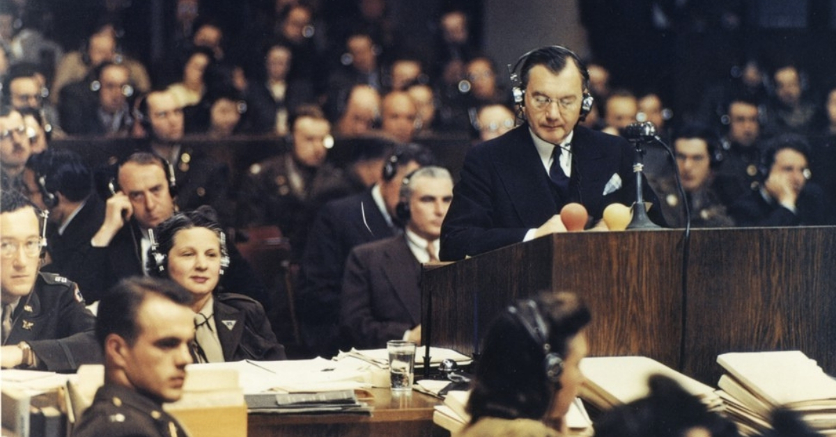 Chief American prosecutor Robert H. Jackson addresses the Nuremberg court.
