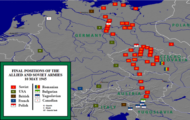Allied army positions in central Europe on 10 May 1945. Image: W. B. Wilson / CC-BY-SA 3.0
