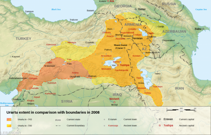 This map shows the scale of the ancient Urartu civilization. Lake Van in near the center. This excellent map is by Sémhur, CC-BY SA 3.0