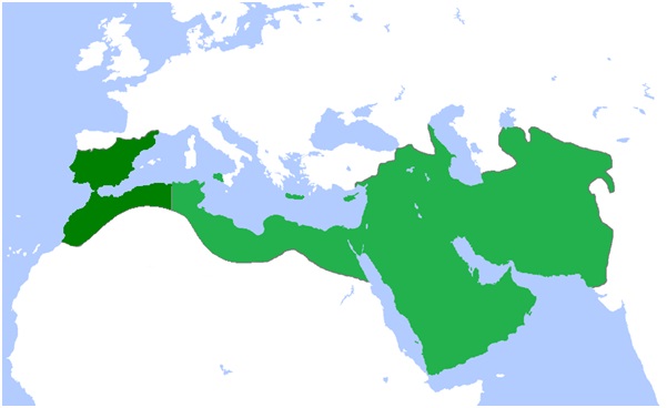 The Abbasid Caliphate (light green) at its height.