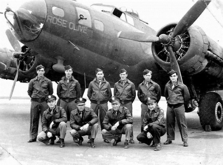 The crew of B-17 Flying Fortress “Rose Olive” with their aircraft. Flying bombing missions in aircraft like these was unimaginably stressful, and many thousands were traumatized for life by their experiences.