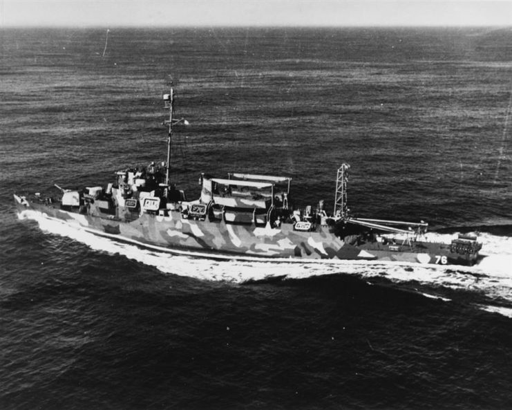USS Schmitt- (APD-76) Underway in the Atlantic, on 9 April 1945, following conversion to a high-speed transport. She is painted in a Camouflage Measure 31 green color design. Official U.S. Navy Photograph, now in the collections of the National Archives.