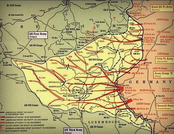 Map of the Battle of the Bulge. Yellow depicting the loss of territory of front lines.