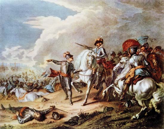 Battle of Naseby, by an unknown artist. The victory of the Parliamentarian New Model Army, under Sir Thomas Fairfax and Oliver Cromwell, over the Royalist army, commanded by Prince Rupert, at the Battle of Naseby (June 14, 1645) marked the decisive turning point in the English Civil War.
