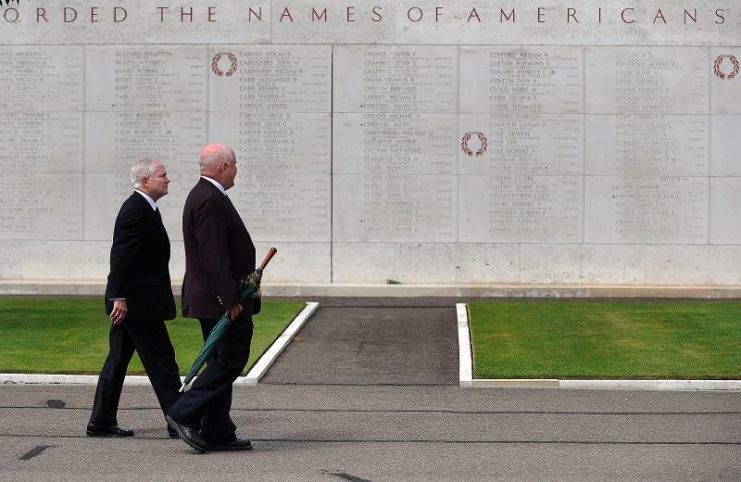 June 2009 – Then U.S. Defense Secretary Robert M. Gates, left, receives a tour of the Tablets of the Missing at the World War II Netherlands American Cemetery and Memorial. 1,722 Americans are listed on the Tablets of the Missing.