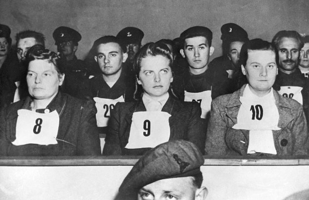 Irma Grese in the middle (number 9) during the Belsen Trial 8: Hertha Ehlert 9: Irma Grese 10 :Ilse Lithe