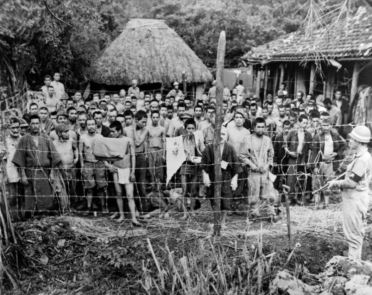 A group of Japanese prisoners taken on the island of Okuku in June 1945.