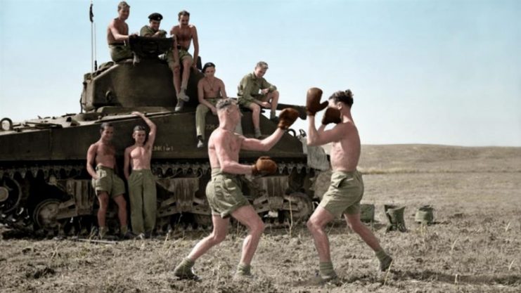 The British Army in Sicily 1943. Sherman tank crews watch a boxing match, 1 August 1943. Paul Reynolds / mediadrumworld.com