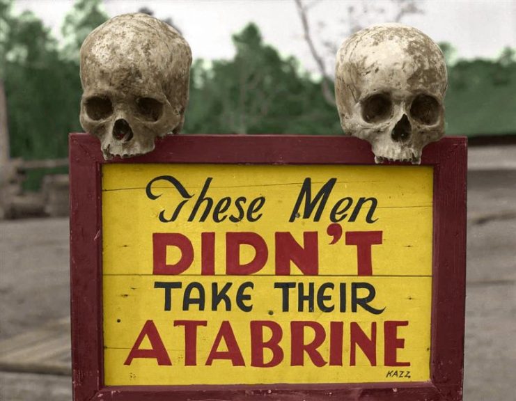 Malaria drug warning. Skulls on a warning sign at a US Army hospital during World War II (1939-1945). Also known as quinacrine and mepacrine, the drug atabrine acts against the protozoan that causes malaria. Photographed at the 363rd Station Hospital, Port Moresby, Papua New Guinea. Paul Reynolds / mediadrumworld.com