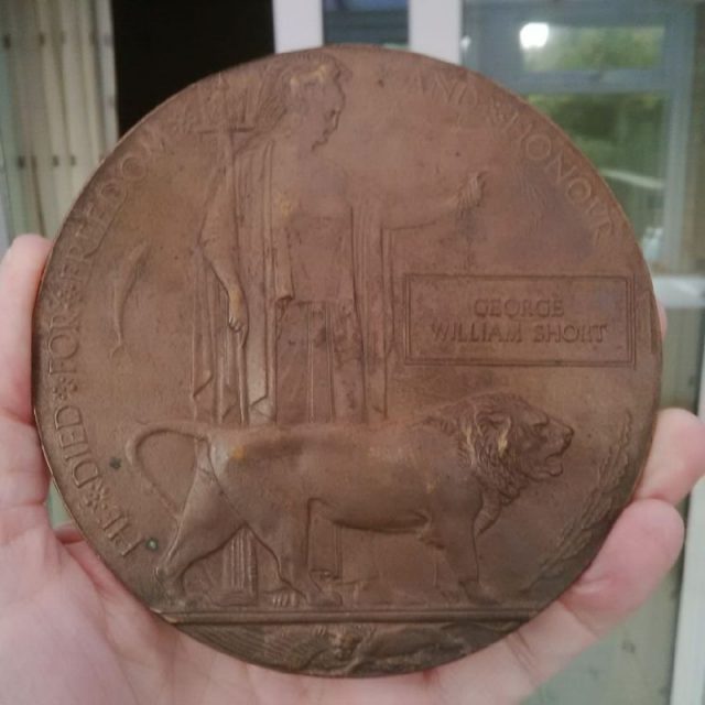 Georges “Death Plaque”. Known as the “Dead mans penny” Typical of the British dark sense of humour. This is still kept by Paul Glover. Paul is also George’s Great nephew.