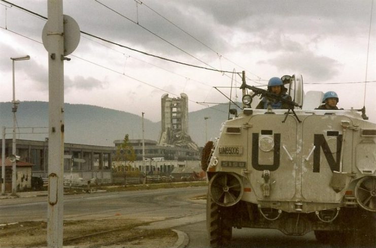 Norwegian UN troops on their way up Sniper Alley in Sarajevo, November 1995. By Paalso- CC BY-SA 3.0