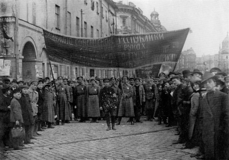 A review of Red Army troops in Moscow in 1918, during the Russian Civil War.