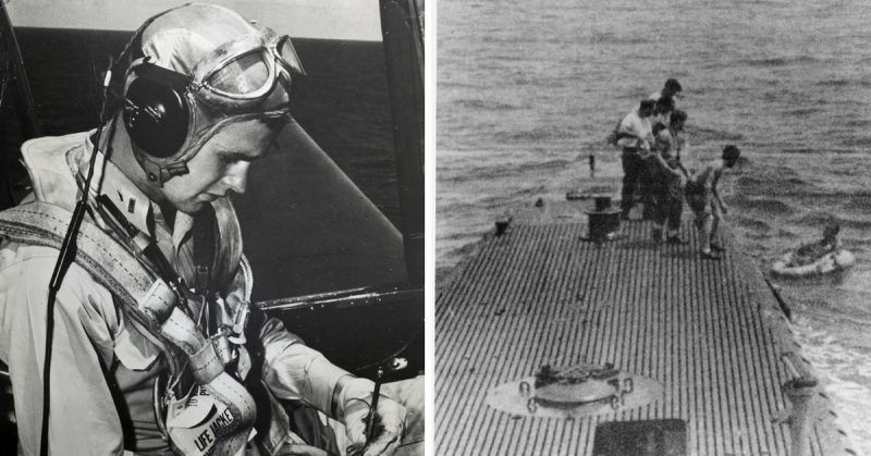 Left: George Bush in his Grumman TBM Avenger on the carrier USS San Jacinto in 1944. Right: George Bush being rescued by the submarine USS Finback.