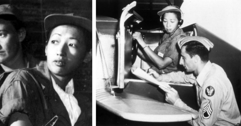 Left: Hazel Ying Lee in WASP uniform.Right: Hazel Ying Lee reviews her performance after a session in a Link trainer.