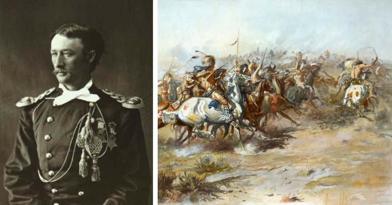 Left: Captain Thomas W. Custer, two-time Medal of Honor recipient. Right: The Custer Fight by Charles Marion Russell.