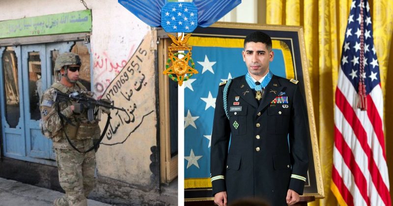 Left: Florent Groberg patrols the city streets of Asadabad, Afghanistan, on Feb. 9, 2010. Right: Florent Groberg received the Medal of Honor on November 12, 2015.