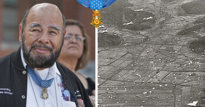 Left: Rudy Hernandez, U.S. Army Medal of Honor recipient, outside the Hangar at NASA Langley in 2009. Right: US 187 RCT airdrop near Sunchon.