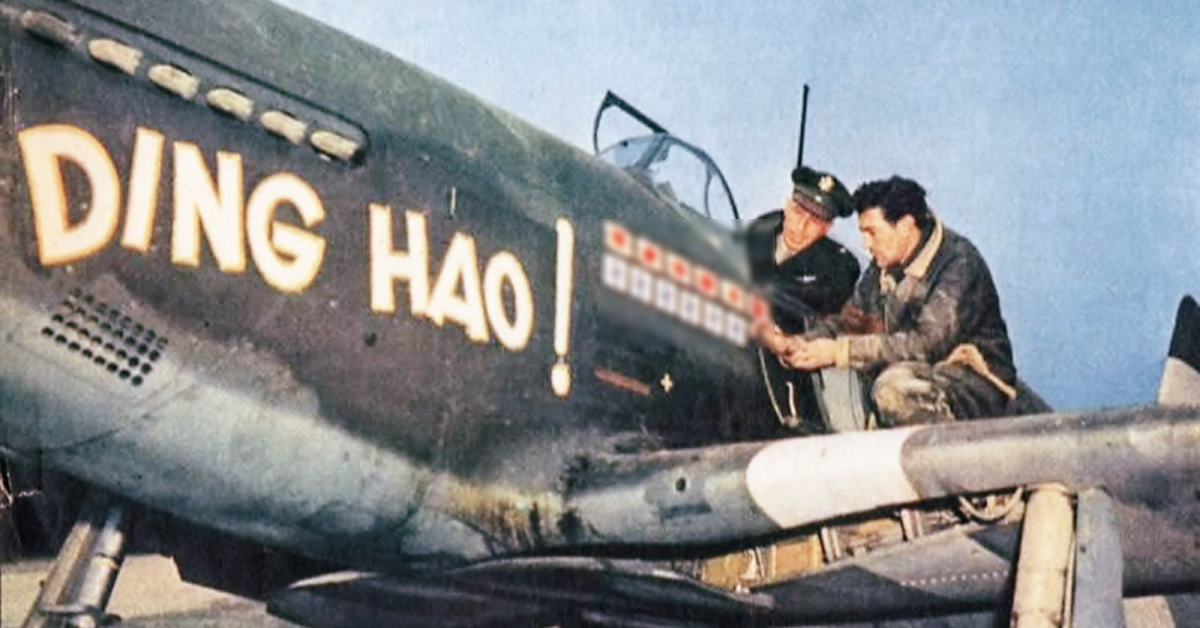 North American P-51B-5 Mustang (serial 43-6315) Ding Hao!, flown by Major James H. Howard (in cockpit) commander of the 356th Fighter Squadron.