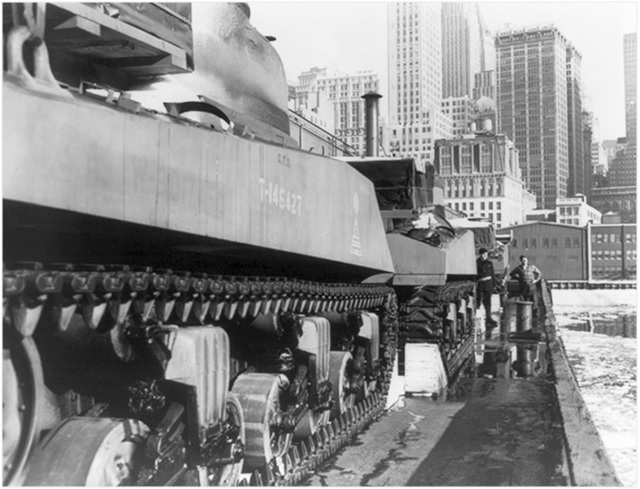 Shermans at New York. The vehicles were brought by rail to the Jersey docks, where they were placed in barges and then transported to Brooklyn. (Library of Congress)