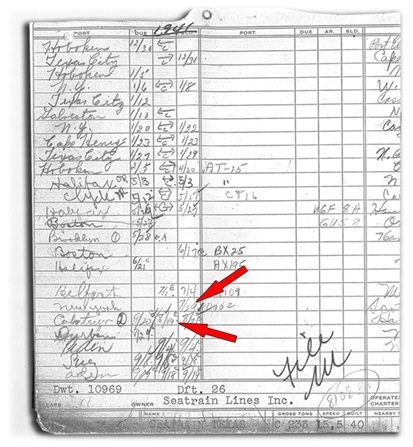 Seatrain Texas Movement Card with the dates of departure from New York and arrival in Cape Town indicated by the arrows. (National Archives)