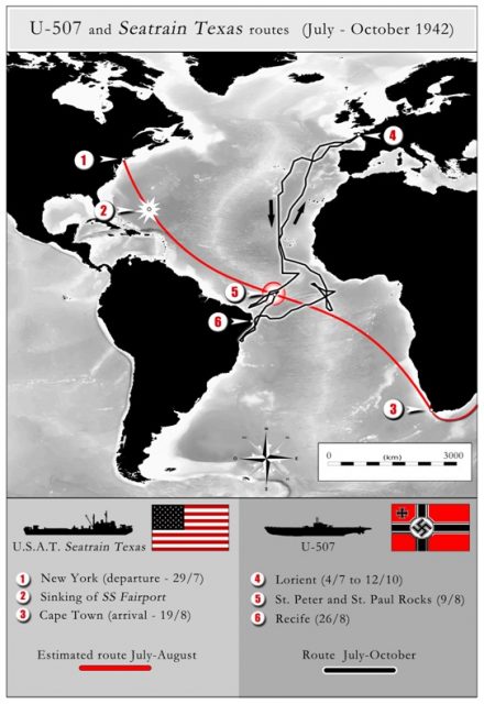 U-507 and Seatrain Texas routes (Art of the author).