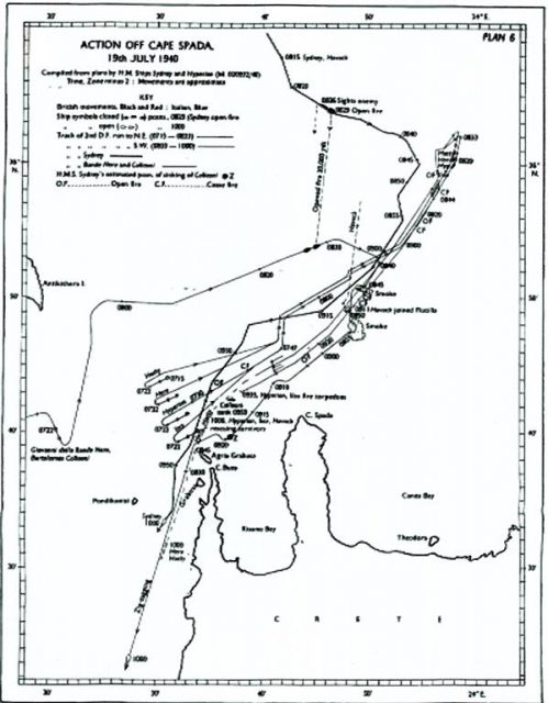 Map showing track of HMAS Sydney during Cape Spada action. By Museum archive of the Australian War Memorial