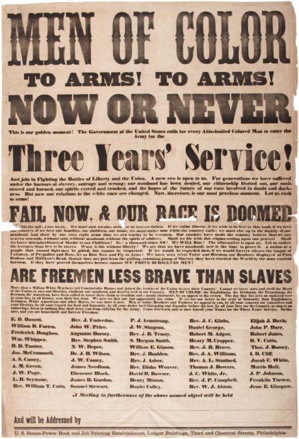 Printed broadside, calling all men of color to arms, 1863
