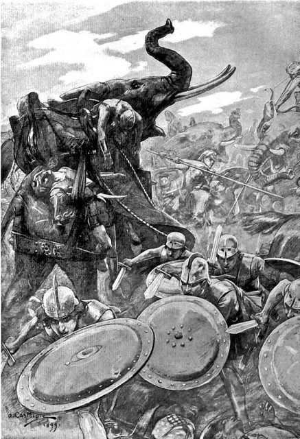 The phalanx attacking the centre in the battle of the Hydaspes.