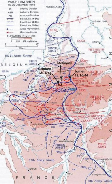 The Battle of the Bulge Map, showing where James was captured. Note the proximity to where the Malmedy Massacre took place.