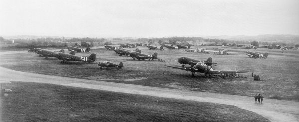 C-47s of the 440th Troop Carrier group at RAF Exeter, England. June, 1944