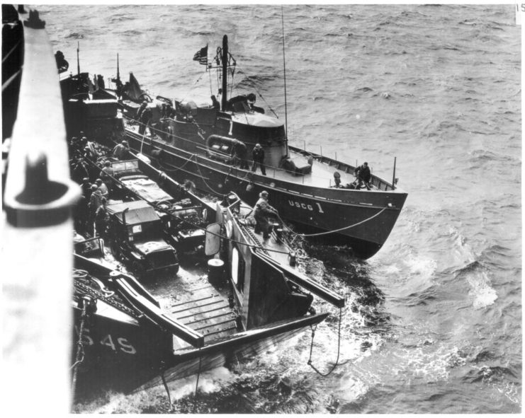 CGC-1 tied to a Landing Craft, Transport (LCT)