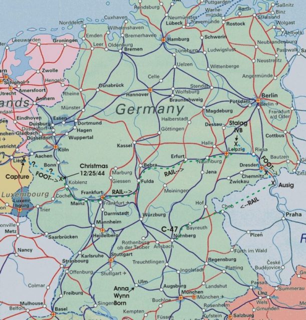 The modern German railway map and probable route of James Wynn from Capture to repatriation. Anna Josephine Schneider Wynn was born in Neu-Ulm, Germany, on 21 June 1885. Foot travel is indicated in blue dashes, rail travel in green dashes. “C47” indicates where the POWs began their final flight to Rheims, France. James probably flew within sight of where his mother was born.