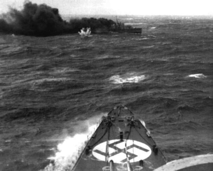 HMS Glowworm deploying a smoke curtain in front of Admiral Hipper.