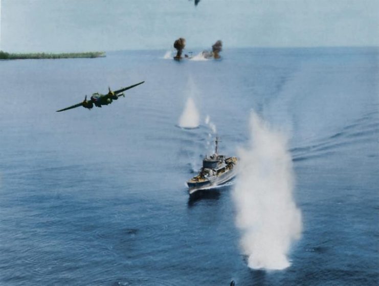 A bomber banks away after dropping its load on a Japanese submarine chaser off Kavieng. Paul Reynolds / mediadrumworld.com