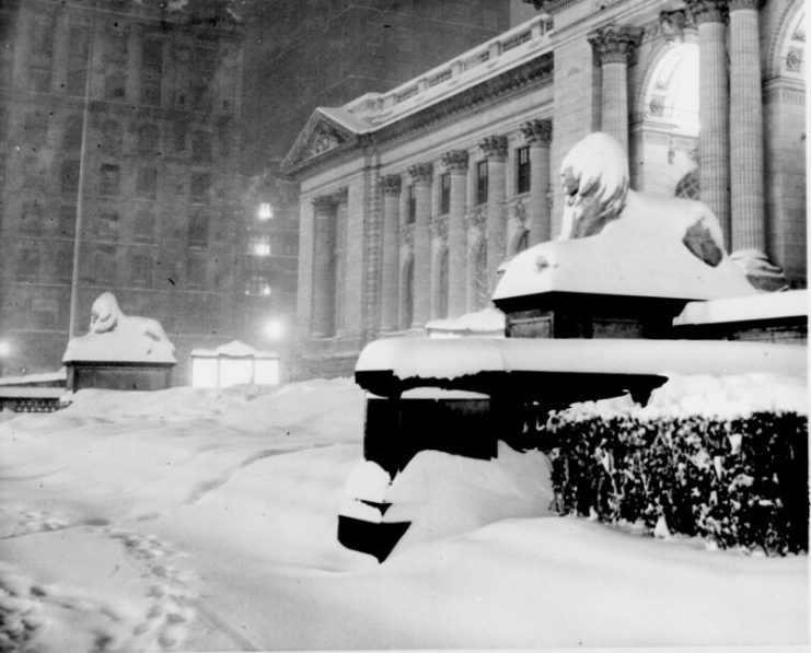 New York Public Library in the snow, 1948.