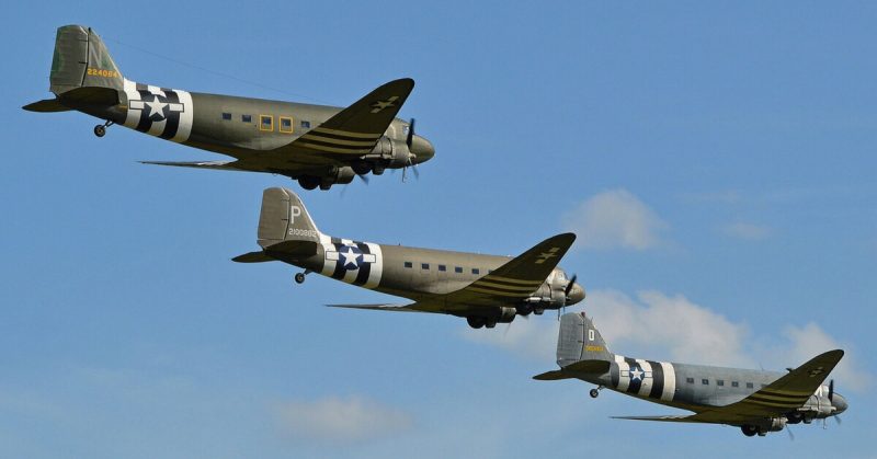 An amazing formation of three genuine D-Day C-47A Skytrain aircraft, (also known as the DC3 or Dakota) seen as part of the finale at the 70th Anniversary Airshow held at Duxford.