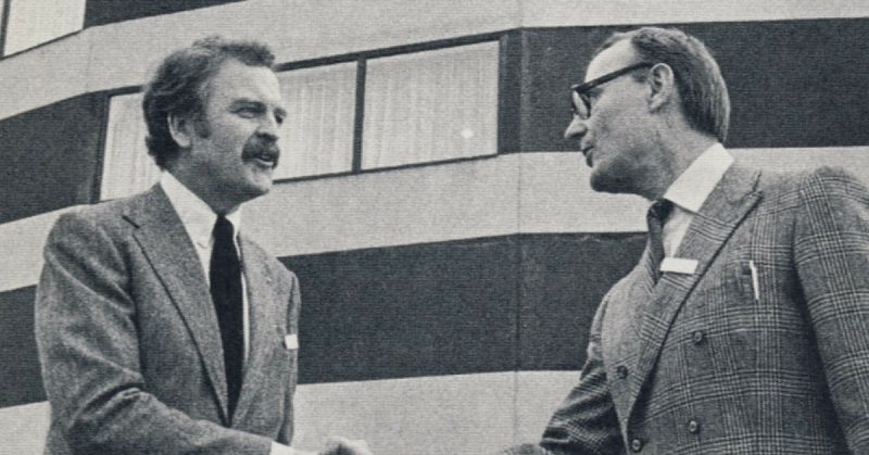 IKEA founder Ingvar Kamprad (right) shakes hands with Hans Ax, IKEA's first store manager