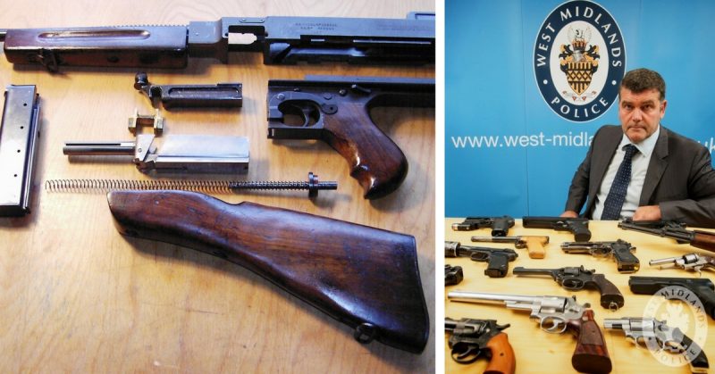 Left: Thompson M1928A1, field stripped. Photo: C. Corleis / CC-BY-SA 3.0. Right: Gun surrender. Photo: West Midlands Police.