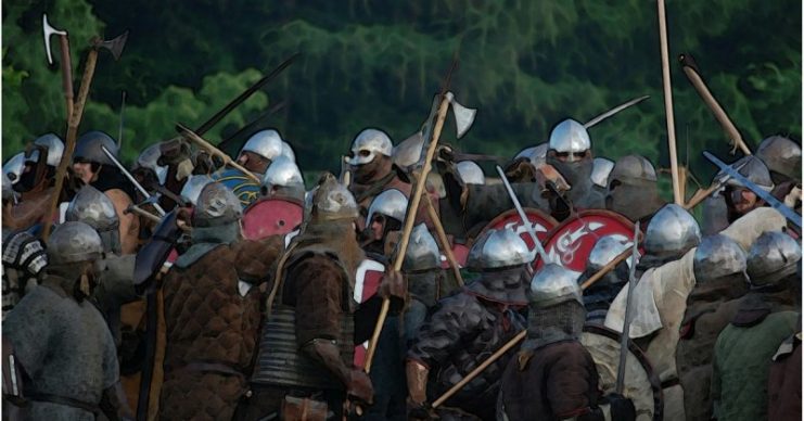 Re-enactors of Viking and English battle.
