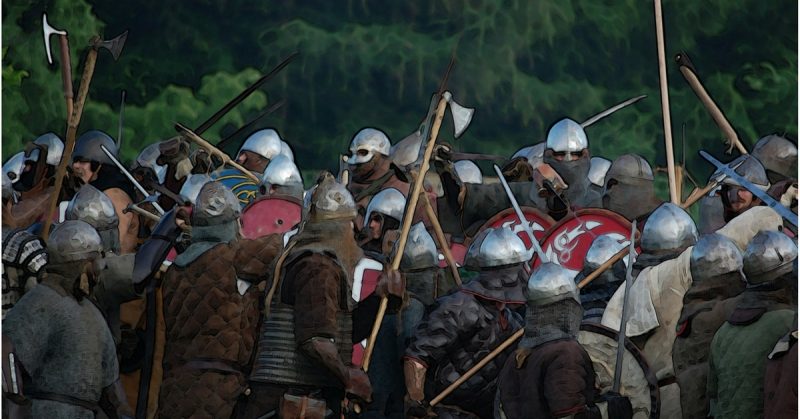 Re-enactors of Viking and English battle.