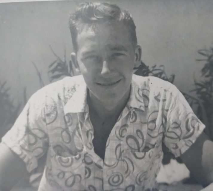 A 20-year-old Fischer is pictured in 1958 while serving at the naval base located on the Kwajalein Atoll in the Marshall Islands. Courtesy of Gus Fischer