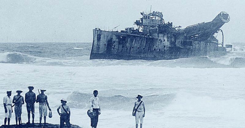 The remnants of the Emden after bombardment by HMAS Sydney in November 1914 in the Keeling Islands in the southeastern Indian Ocean