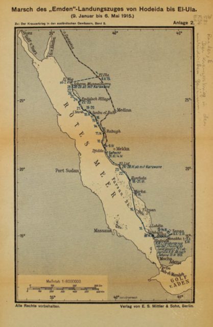 Map depicting the Emden crew’s Red Sea coast transit to the Hicaz Railway station at Al’Ula.