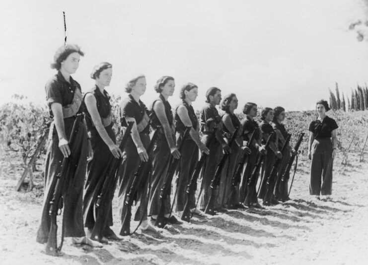 Female members of the Haganah, the Jewish militia, training in a Jewish settlement. Photo by London Express/Getty Images