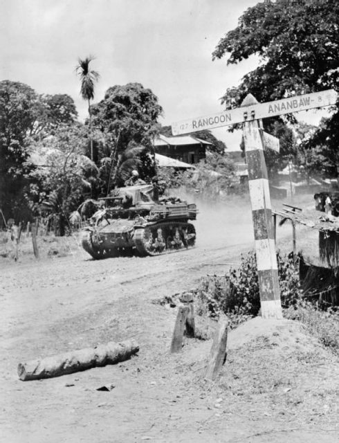 An M3 Stuart of an Indian cavalry regiment during the advance on Rangoon, April 1945