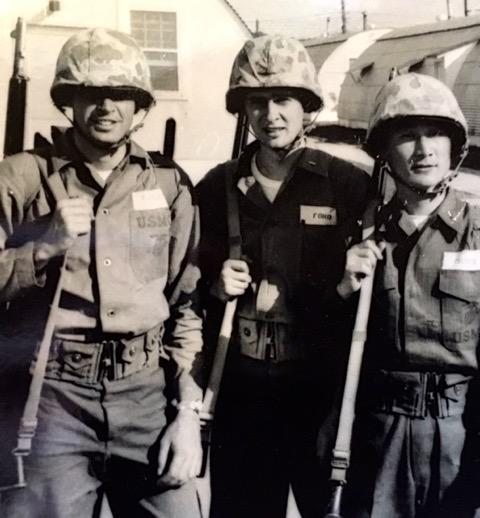 From left to right: Lieutenant’s Finley, Ford, and Chang at Camp Upshur, 1956. Photo courtesy of Bud Ford