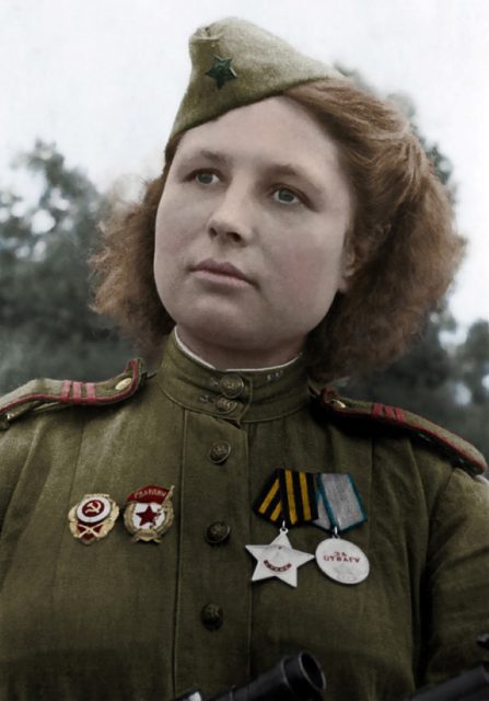 Julia Petrovna sniper of the Red Army 1943 reported to have killed 80 German soldiers. Decorations from left to right: Sniper Excellency Badge, Red Army Guards Badge, Order of Glory (3rd class) and The Medal for Courage. Paul Reynolds / mediadrumworld.com