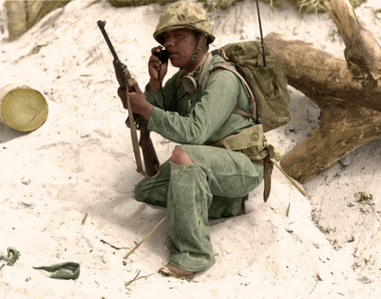 A Navajo Code Talker relays a message on a field radio. The code talkers served in the South Pacific during World War II and were kept a secret until 1968 when the Navajo code was finally declassified. Paul Reynolds / mediadrumworld.com